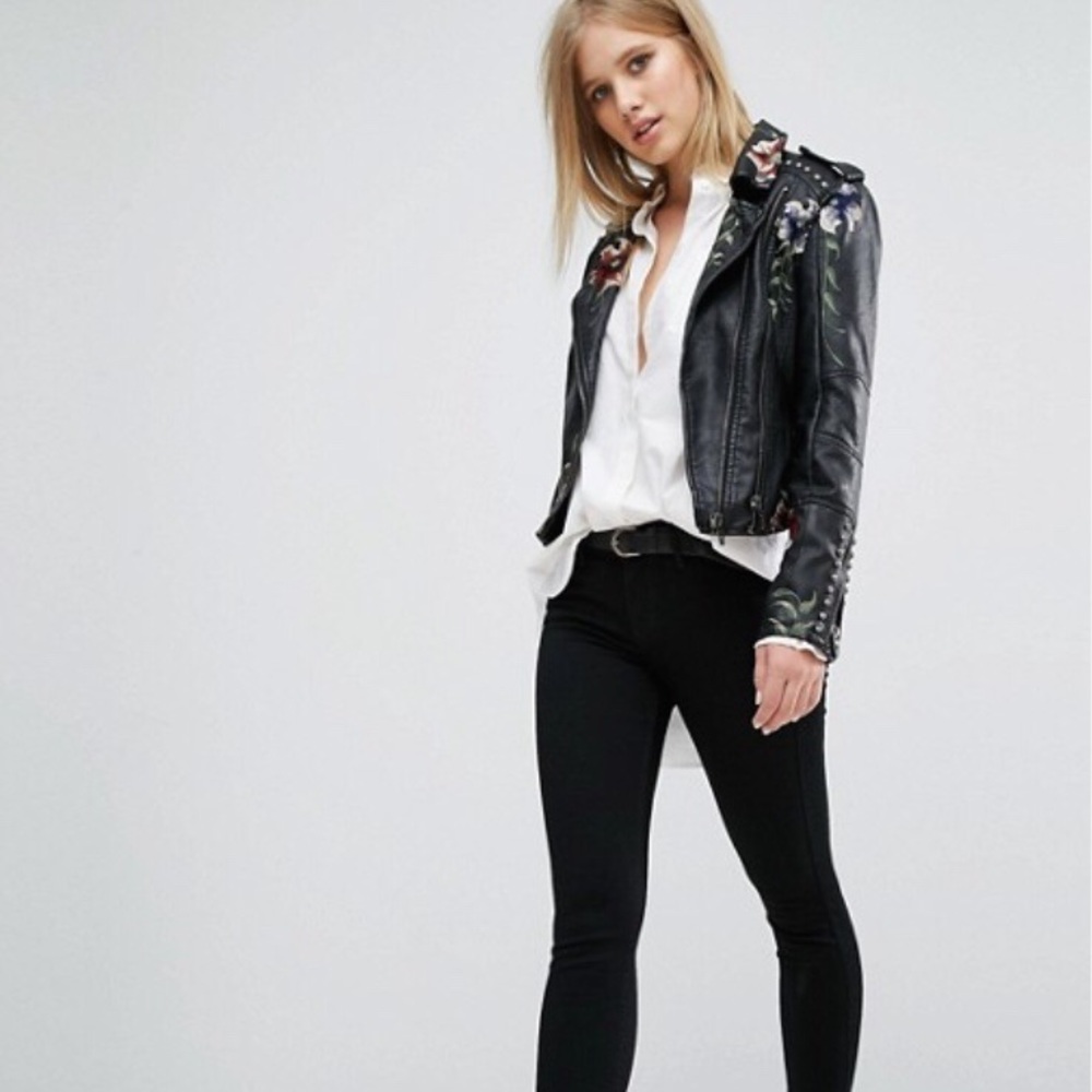 Blank NYC Embroidered Floral Studded Moto Jacket
